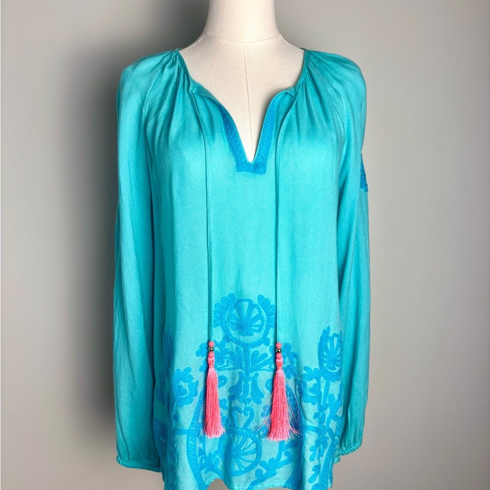 Lilly Pulitzer Willa Embroidered Rayon Turquoise Tunic with Pink Tassels